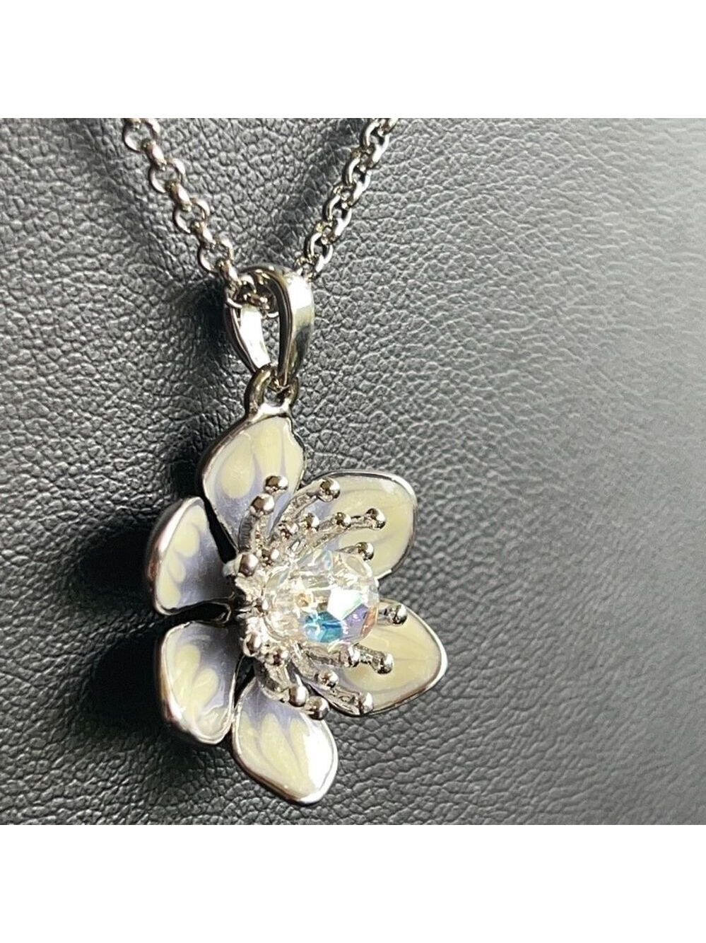 Eternal Bloom Necklace Silver Enamel Clear Faceted Swarovski Crystal - Picture 2 of 9
